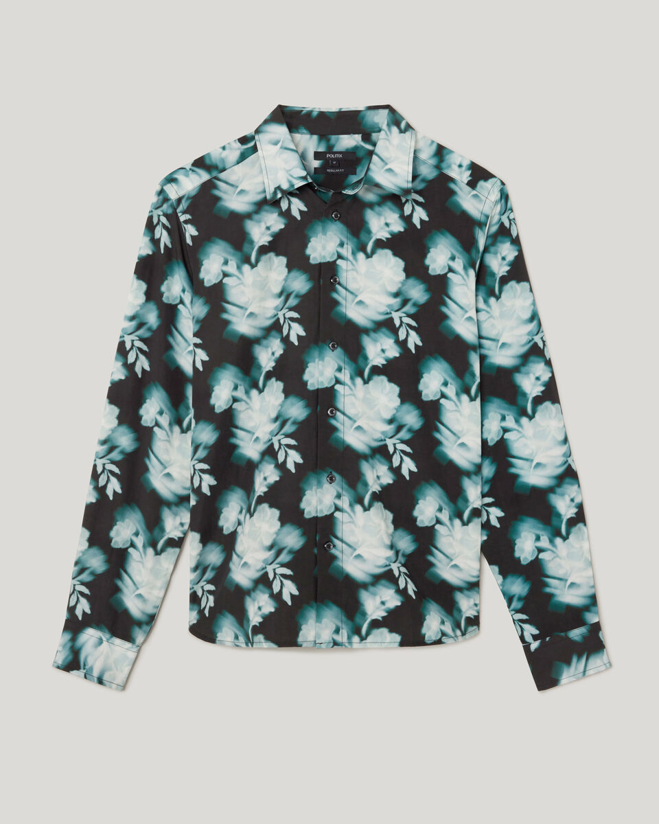 Distorted Floral Printed Long Sleeve Shirt, Green Blurred Floral, hi-res